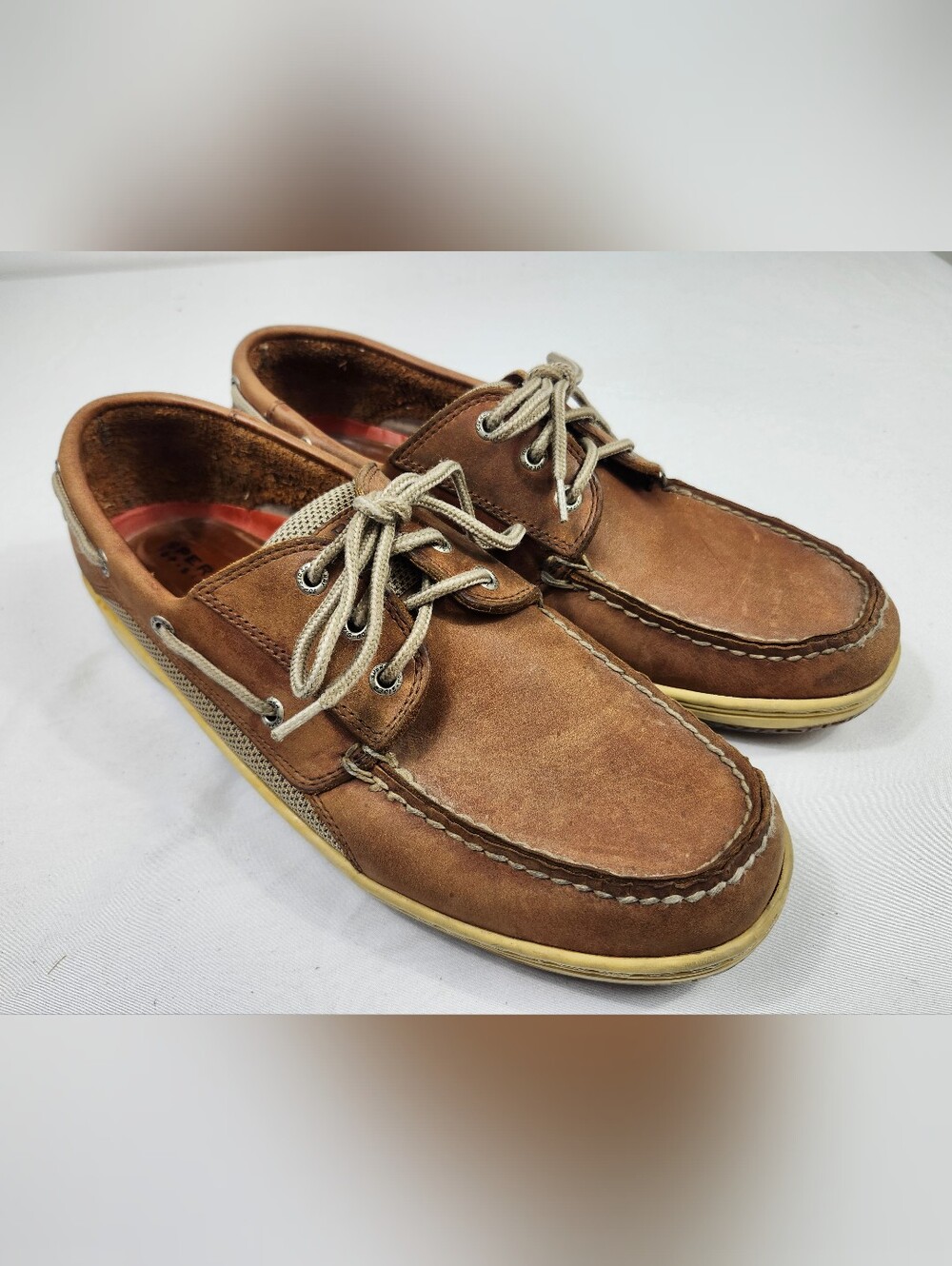 Sperry Top-Sider Men's 12 M Chestnut Brown Leather Boat Shoes with Tan Laces
